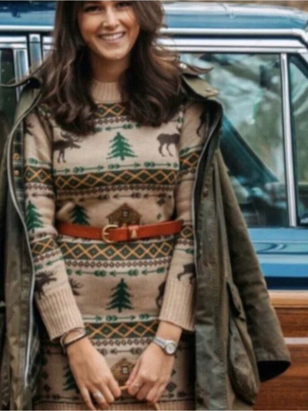 Kiel James Patrick Cozy Cabin Sweater Dress Moose Tree Winter Fireside Wool KJP